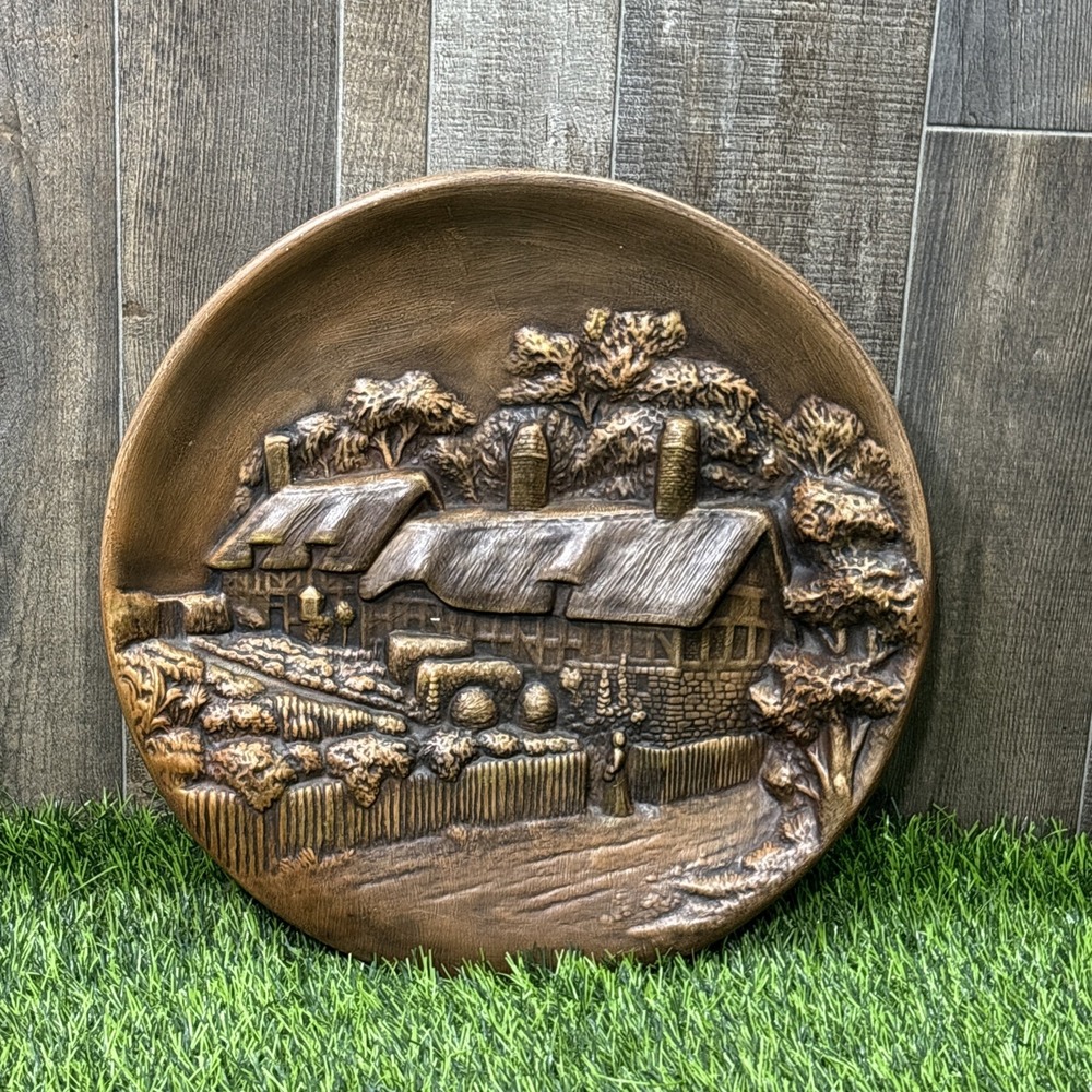 Vintage MCM Chalkware Farmhouse Cottage Wall Plaque 3D Relief Rustic Decor